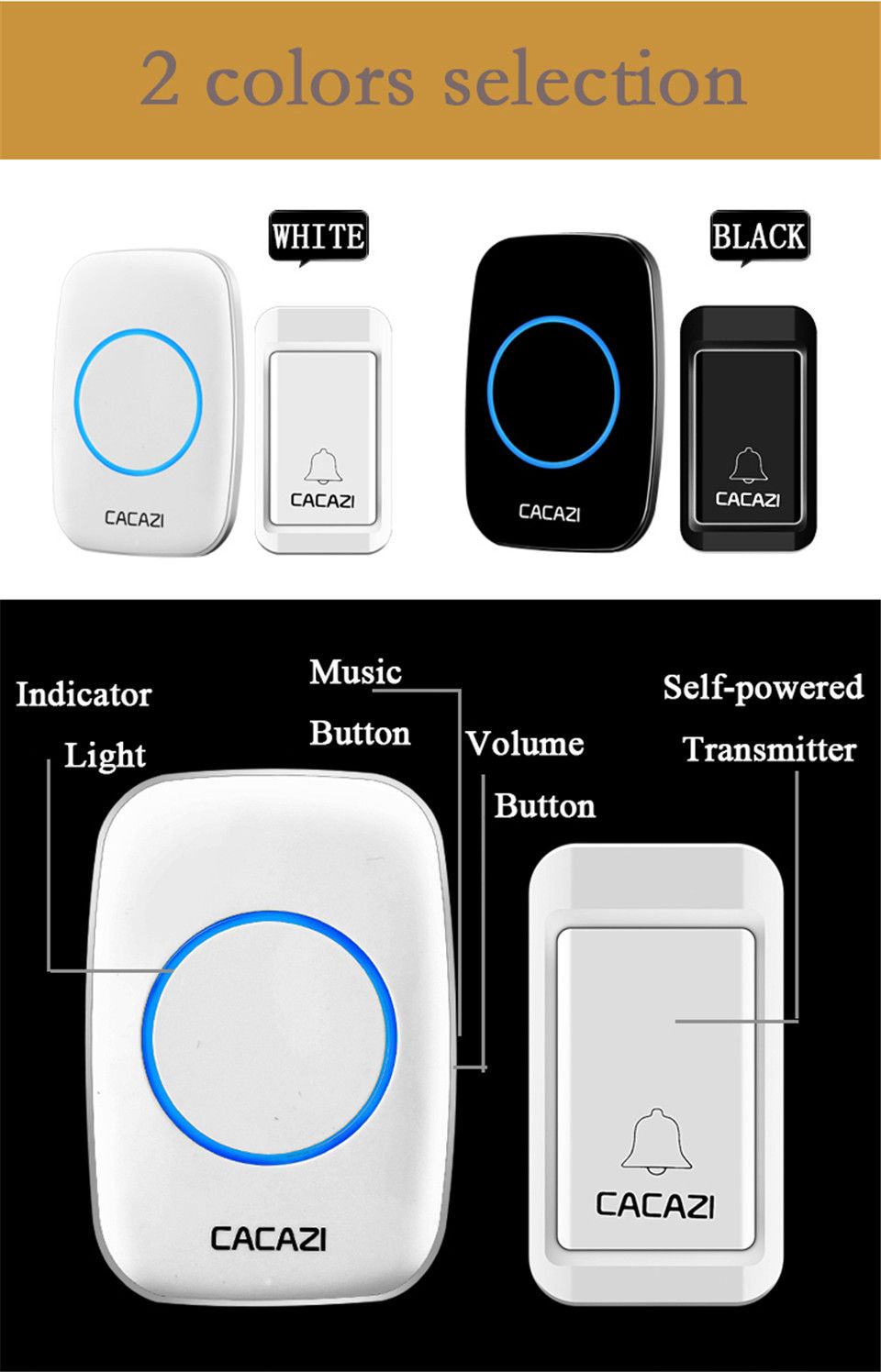 CACAZI-A10G-Wireless-Doorbell-Self-powered-No-batteries-Waterproof-Button-120M-Remote-LED-Light-Home-1630652
