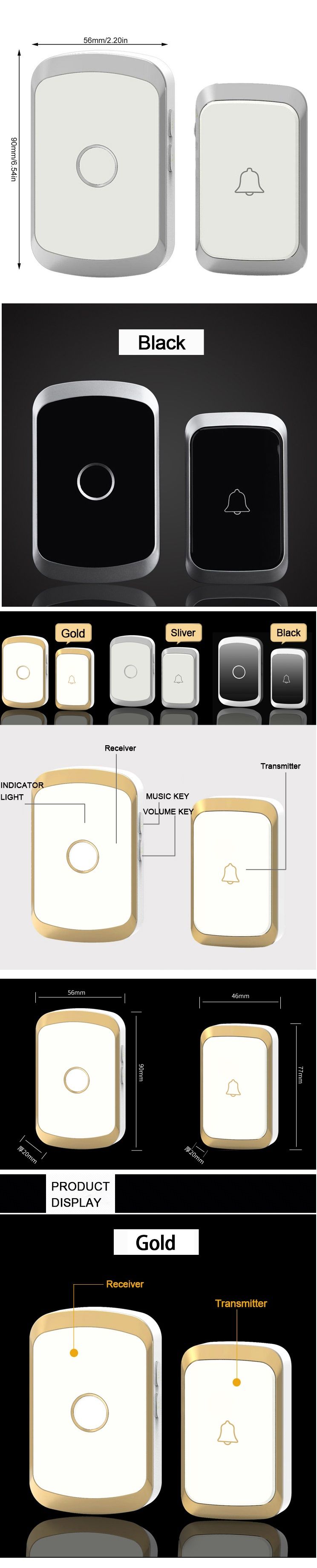 CACAZI-A20-Wireless-Music-Doorbell-Waterproof-AC-110-220V-300M-Remote-Door-Bell-1-Button-2-Receivers-1613726