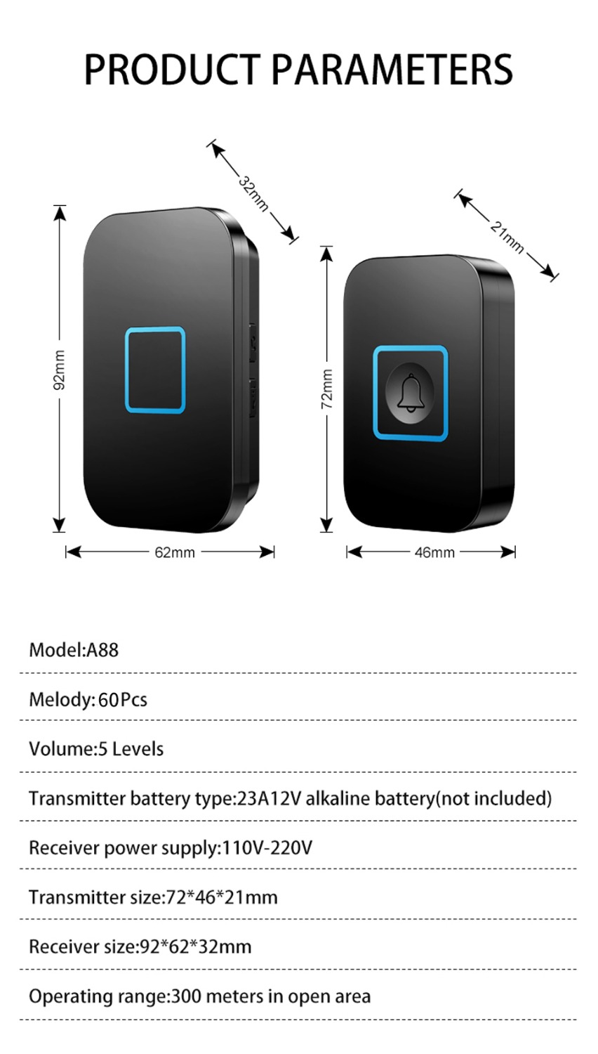 CACAZI-A88-Wireless-Waterproof-Doorbell-LED-Light-300M-Remote-2-Button-1-Receiver-Calling-Bell-1630700