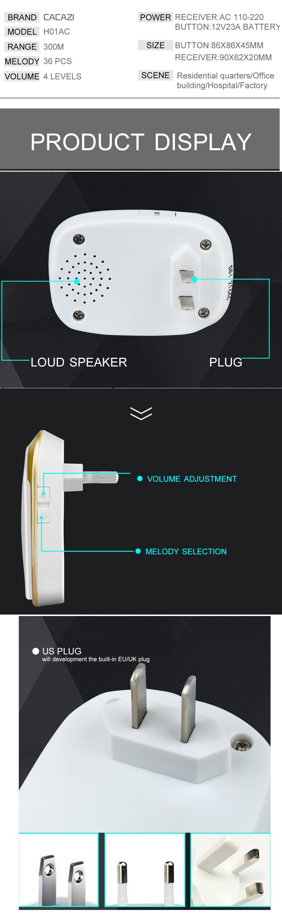 CACAZI-AC110-220V-Wireless-Doorbell-Waterproof-1-Button1-Plug-in-Receivers-300M-Remote-Music-Door-De-1613599