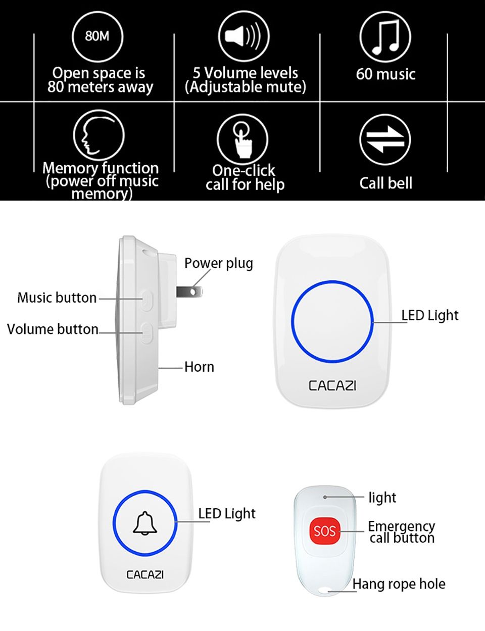 CACAZI-C10-Smart-Home-Wireless-Pager-Doorbell-Old-Man-Emergency-Alarm-80m-Remote-Call-Bell-1-Button--1607157