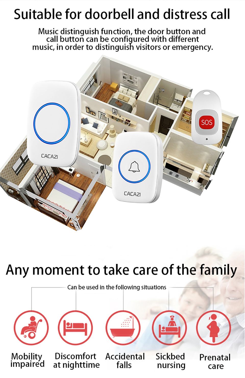 CACAZI-C10-Smart-Home-Wireless-Pager-Doorbell-Old-Man-Emergency-Alarm-80m-Remote-Call-Bell-1-Button--1607157