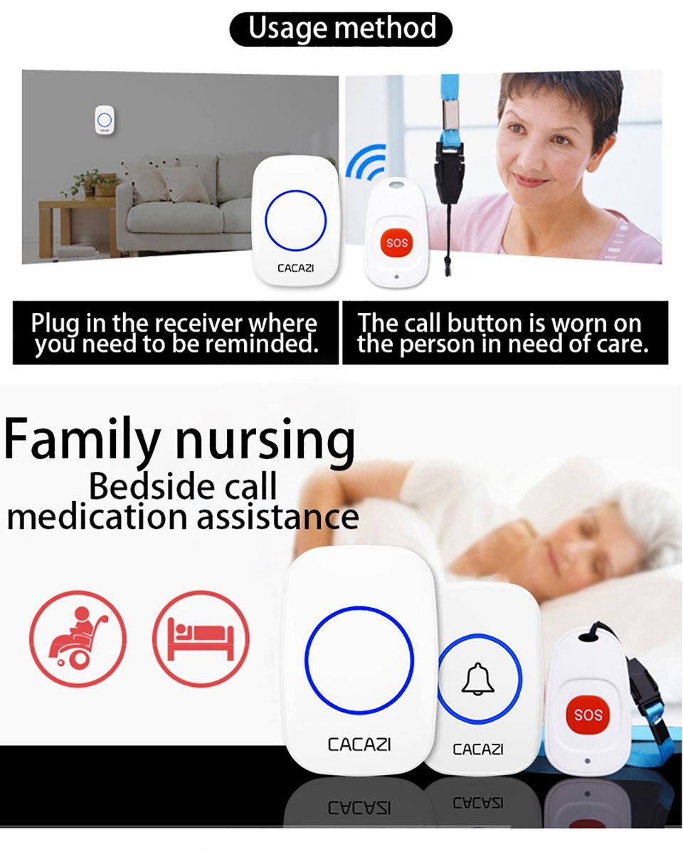 CACAZI-C10-Smart-Home-Wireless-Pager-Doorbell-Old-Man-Emergency-Alarm-80m-Remote-Call-Bell-1-Button--1607157