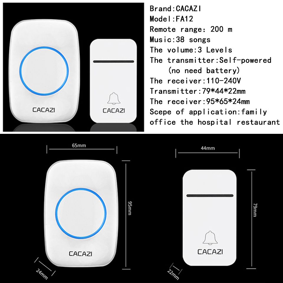 CACAZI-FA12-2-Self-Powered-Wireless-Doorbell-Waterproof-Smart-No-Battery-Home-Cordless-Bell-200M-Rem-1630654