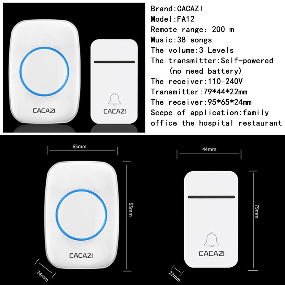 CACAZI-FA12-3-Self-Powered-Wireless-Doorbell-Waterproof-Smart-No-Battery-Home-Cordless-Bell-200M-Rem-1630655