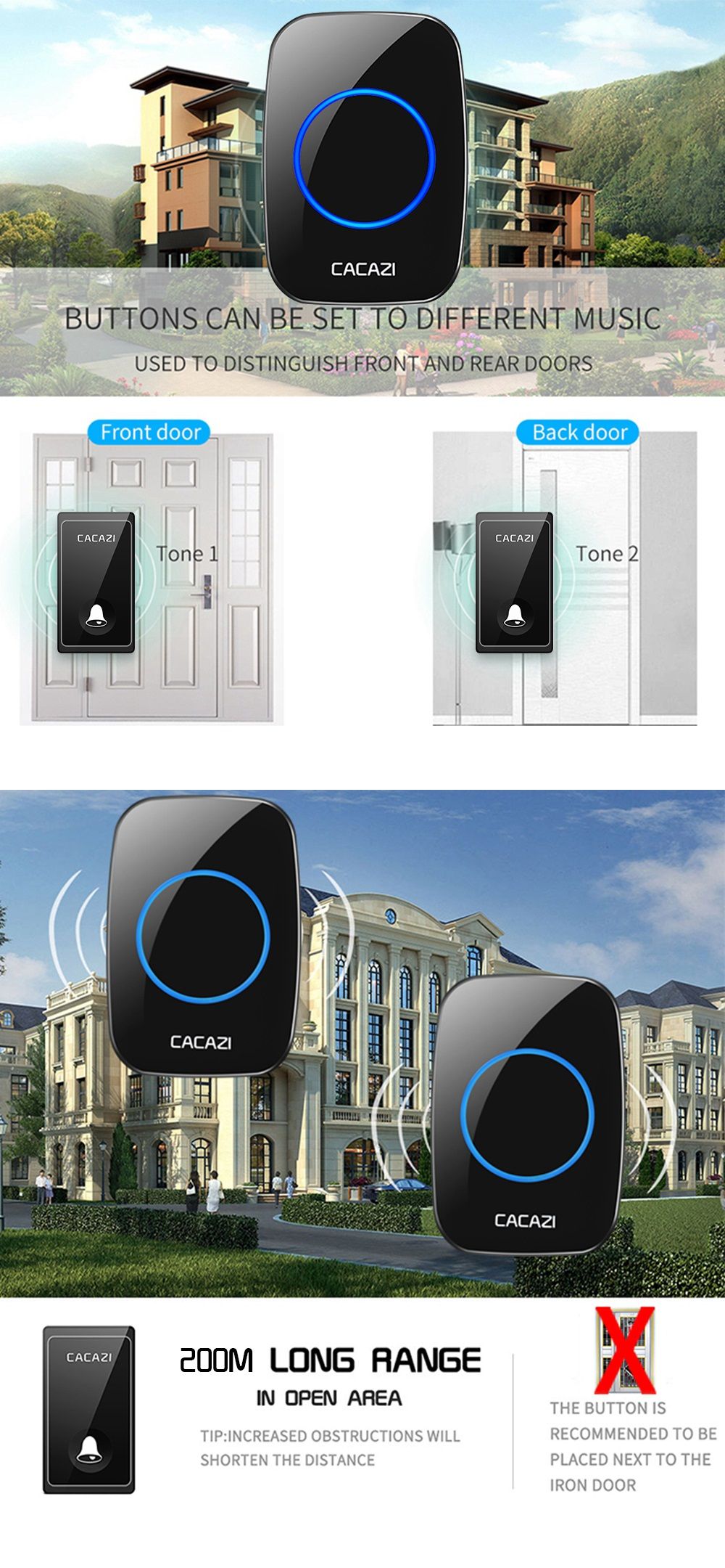 CACAZI-FA60-Wireless-Doorbell-Self-powered-Waterproof-Intelligent-Home-Door-Ring-Bell-3Pcs-Receivers-1618326