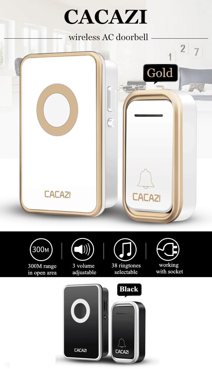 CACAZI-Wireless-Doorbell-300M-Waterproof-Door-Bell-AC-110-220V-80dB-1-Emitter-1-Receiver-No-Battery-1240979