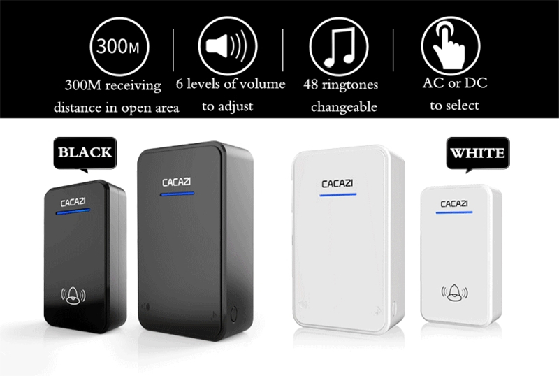 Cacazi-A8-AC-Wireless-Doorbell-Waterproof-300M-Remote-Long-Range-Door-Bell-48-Rings-6-Volume-Door-Ch-1624754