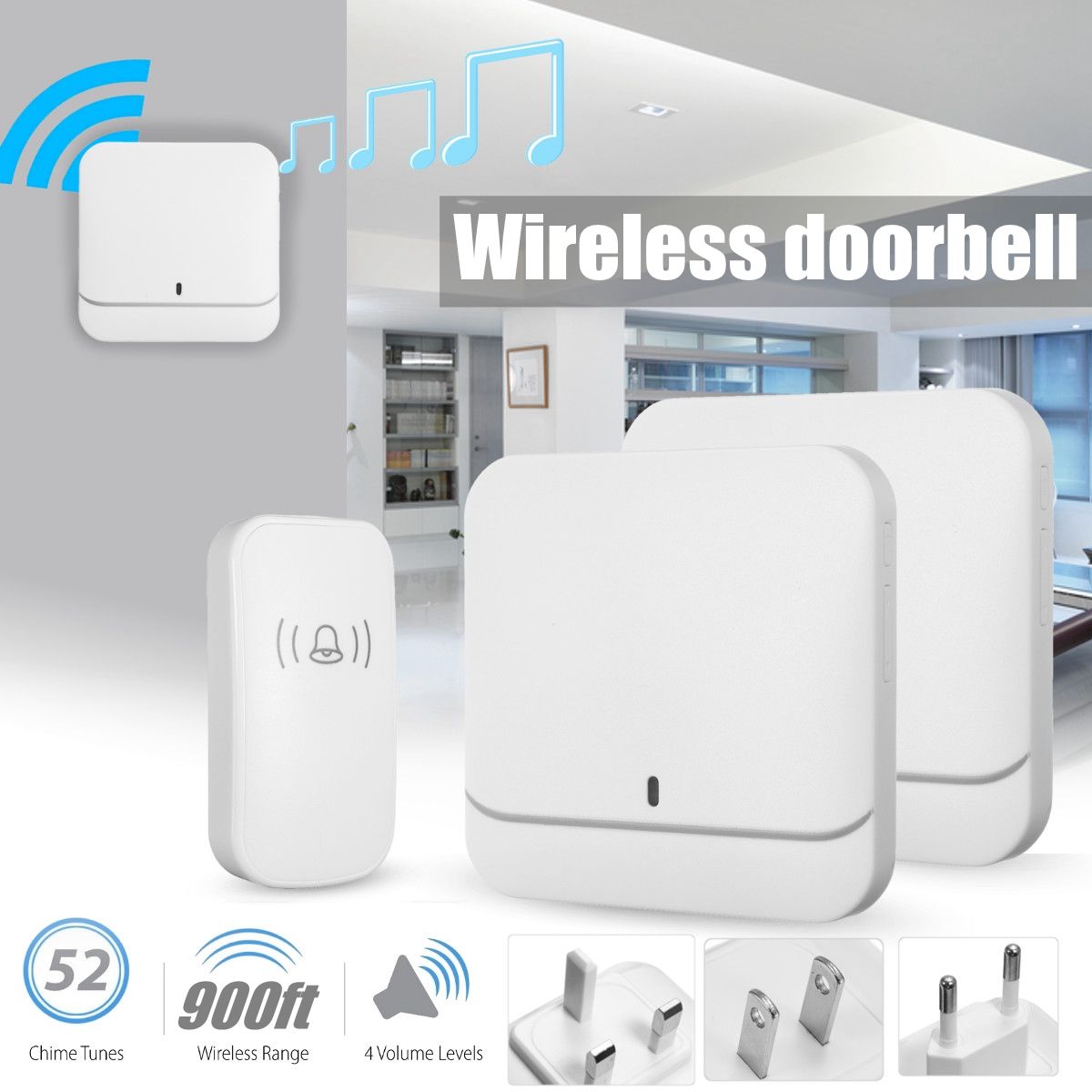 Home-House-4-Volume-Wireless-Doorbell-Chime-1-Plugin-Receiver2-Ransmitter-1360008