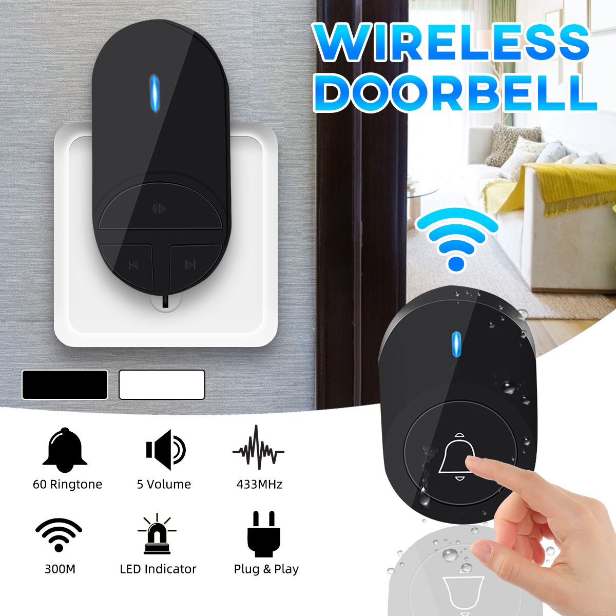 Wireless-Doorbell-Plug--Play-Door-Bell-Kit-Plug-in-Receiver-300M-1742768