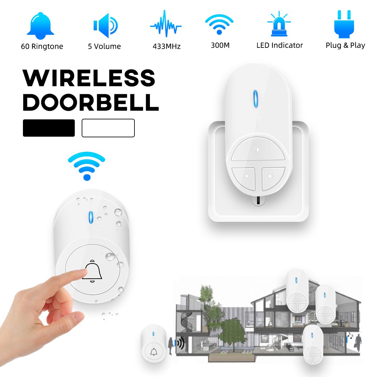 Wireless-Doorbell-Plug--Play-Door-Bell-Kit-Plug-in-Receiver-300M-1742768