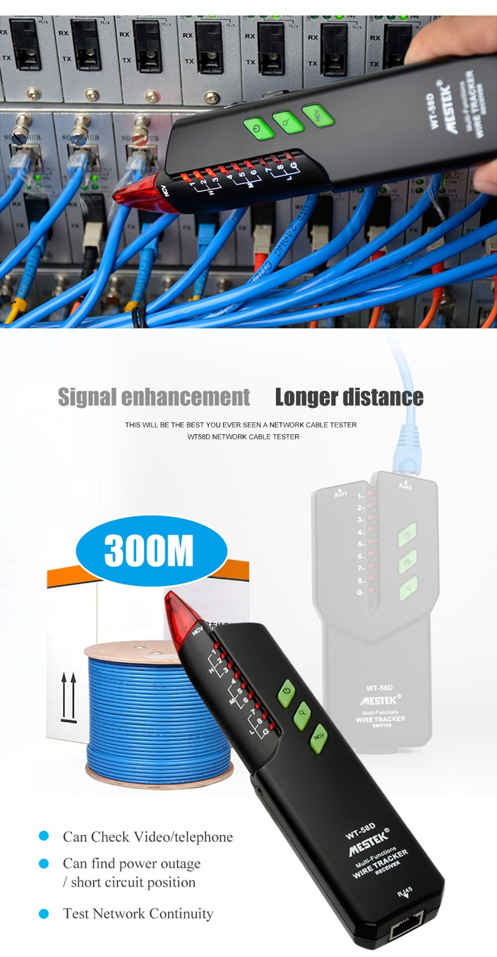 MESTEK-WT58D-RJ11-RJ45--No-Interference-Telephone-Wire-Tracker-Digital-Signal-Searching-Shielding-In-1365950