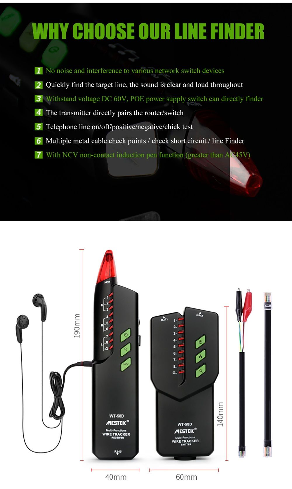 MESTEK-WT58D-RJ11-RJ45--No-Interference-Telephone-Wire-Tracker-Digital-Signal-Searching-Shielding-In-1365950