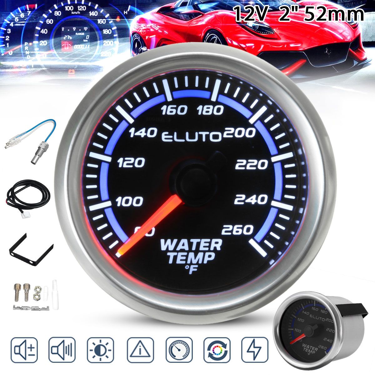 2quot-52mm-80-260degF-Water-Temperature-Gauge-Blue-LED-Black-Face-Car-Meter--Sensor-1743415