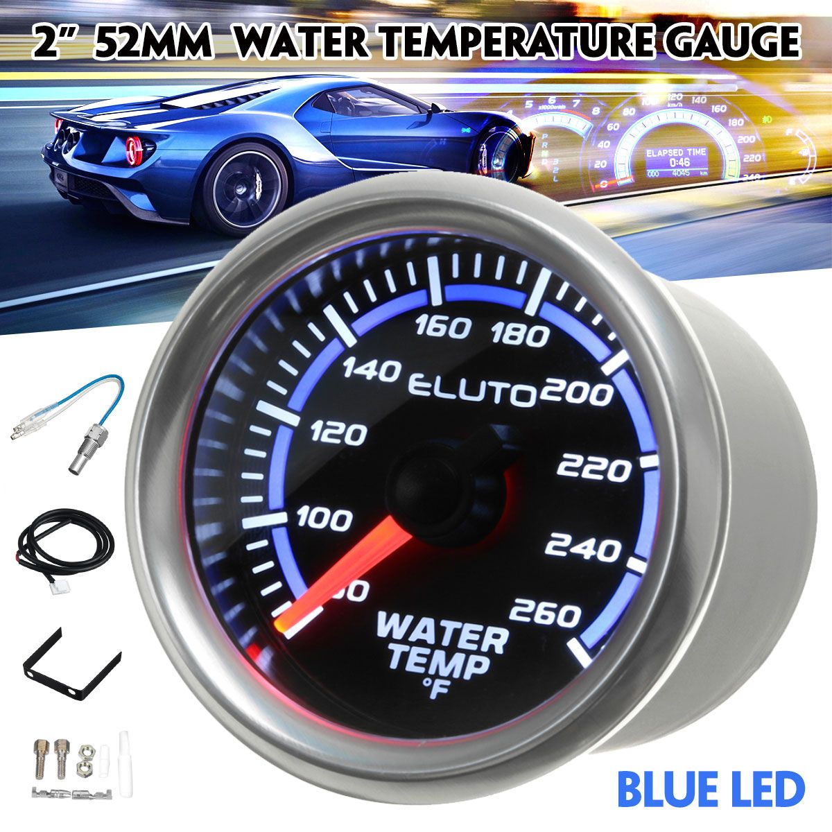 2quot-52mm-80-260degF-Water-Temperature-Gauge-Blue-LED-Black-Face-Car-Meter--Sensor-1743415