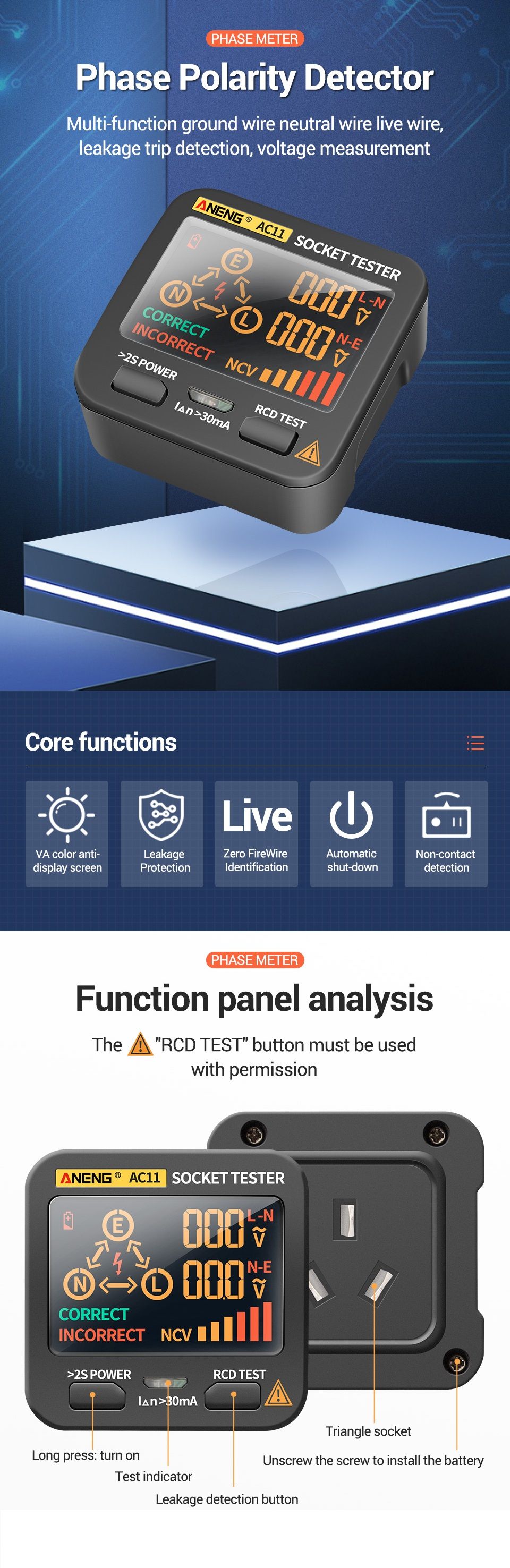 ANENG-AC11-LED-Screen-Muti-function-Socket-Tester-Phase-Meter-Phase-Polarity-Detector-01V250V-AC-Vol-1713250