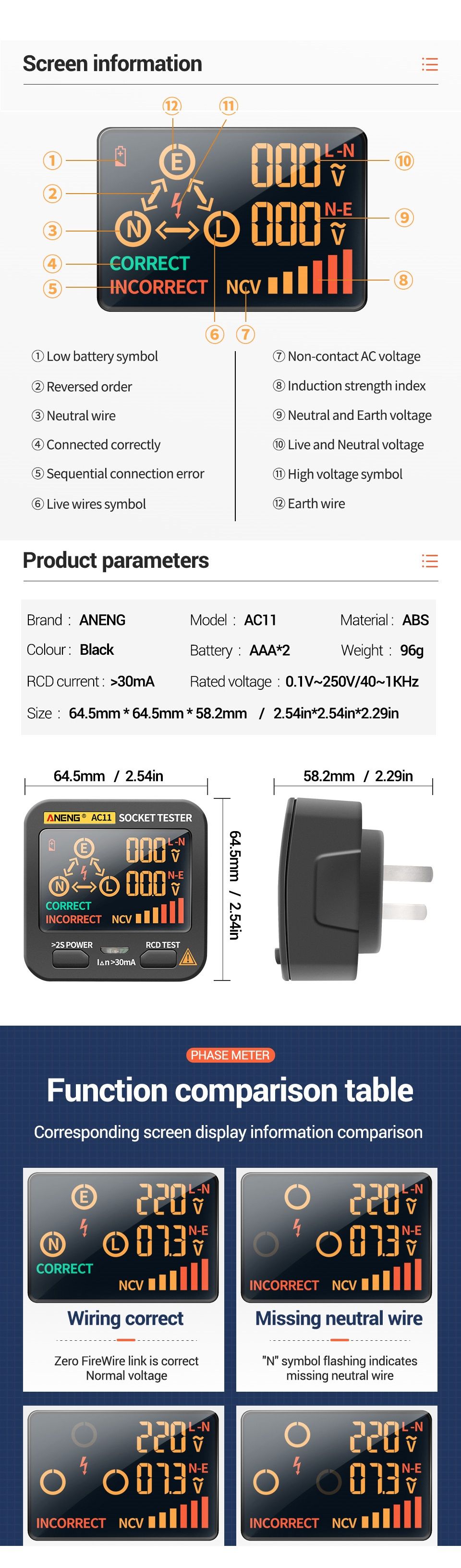 ANENG-AC11-LED-Screen-Muti-function-Socket-Tester-Phase-Meter-Phase-Polarity-Detector-01V250V-AC-Vol-1713250