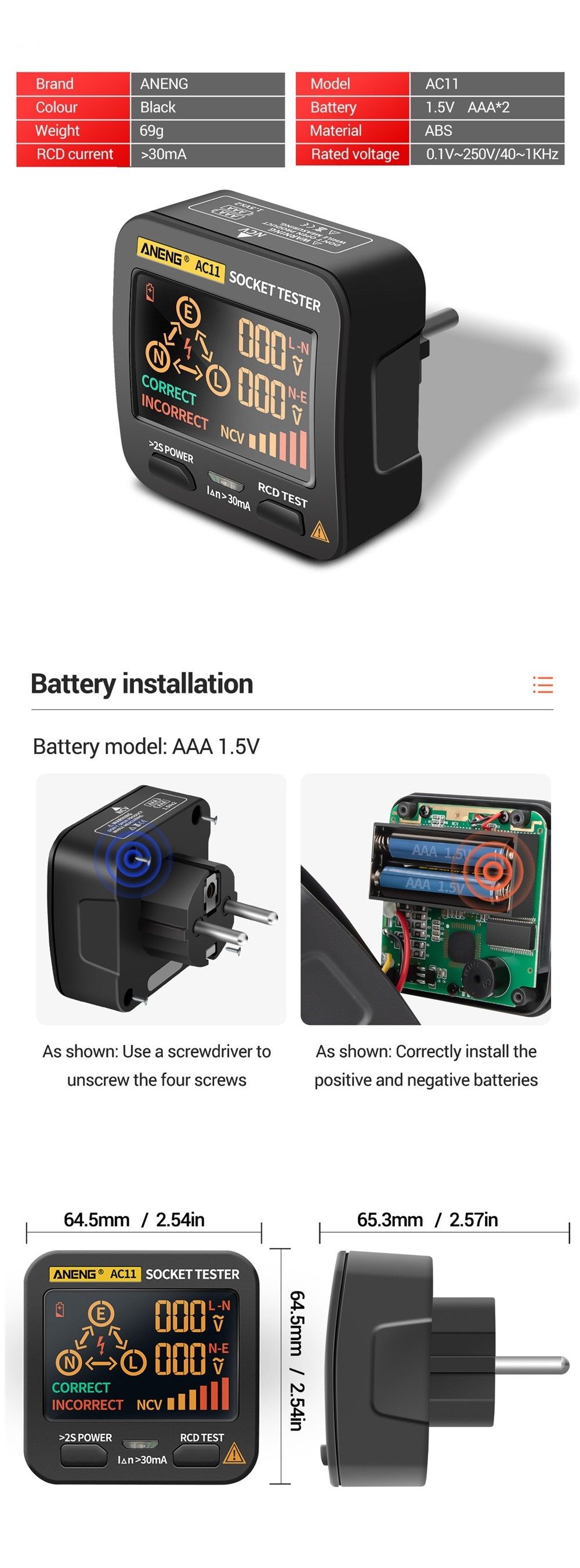 ANENG-AC11-LED-Screen-Muti-function-Socket-Tester-Phase-Meter-Phase-Polarity-Detector-01V250V-AC-Vol-1713250