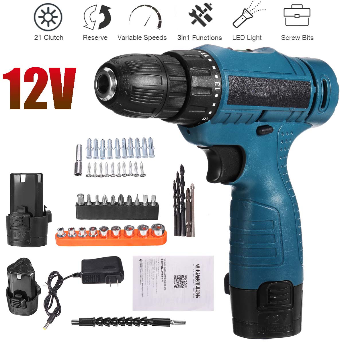 12V-1350RMP-Cordless-Drill-Driver-38-Keyless-Chuck-Impact-Drill-Set-Wall-Brick-Wood-Metal-Drilling-T-1752207