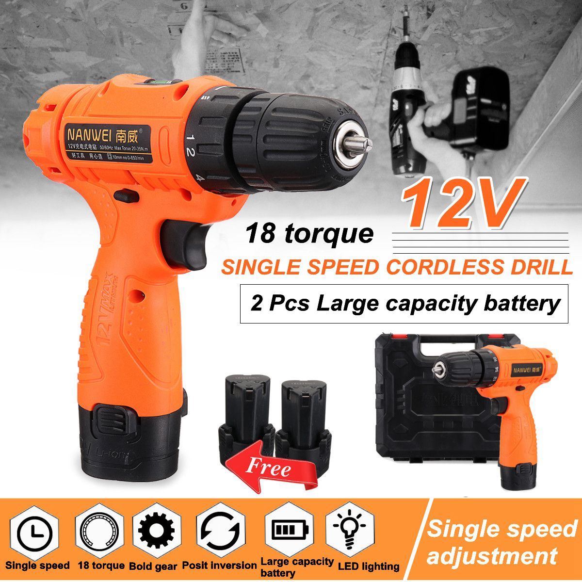 12V-18-Torque-Electric-Cordless-Drill-LED-Lighting-Rechargable-12-Li-Ion-Battery-Single-Speed-Power--1411909