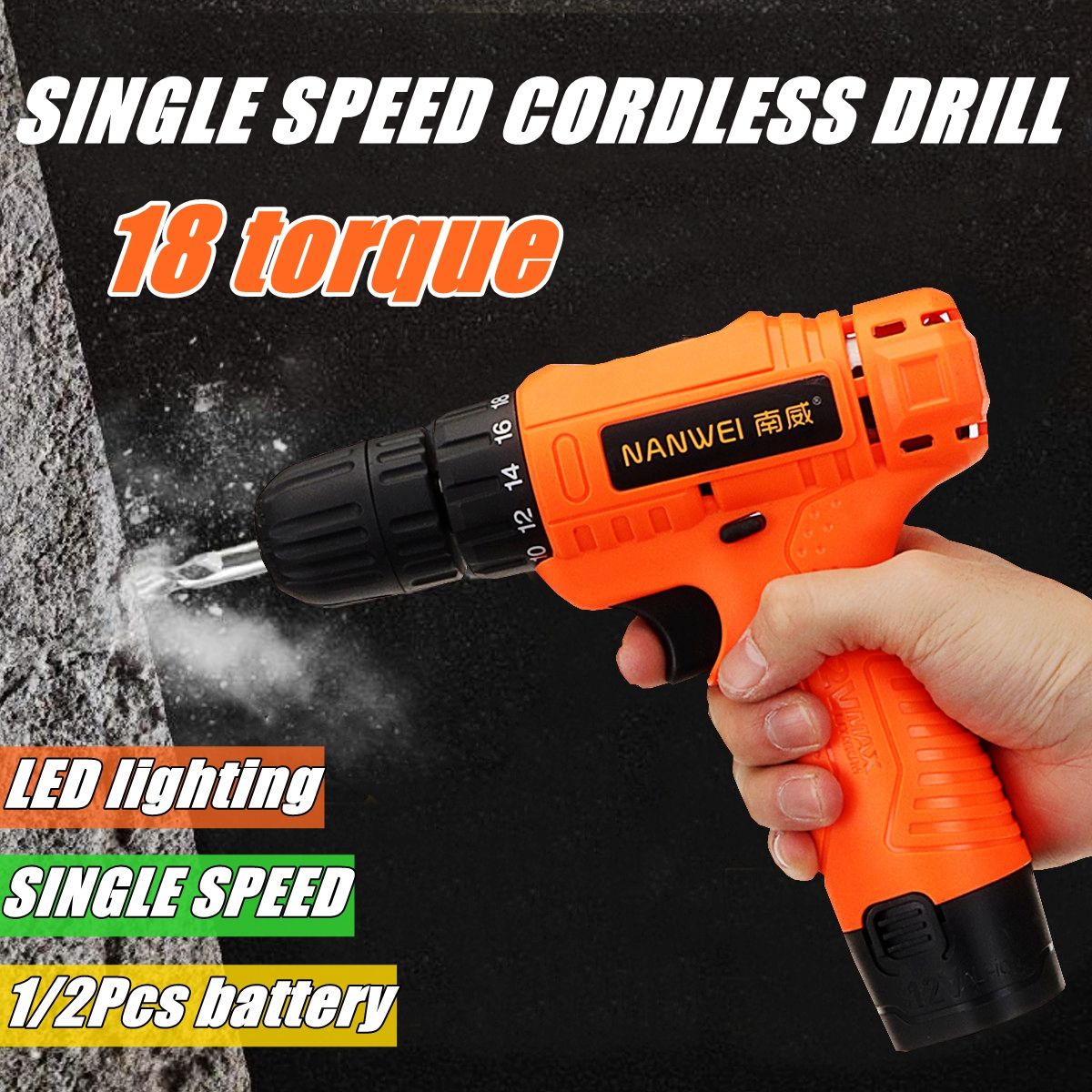 12V-18-Torque-Electric-Cordless-Drill-LED-Lighting-Rechargable-12-Li-Ion-Battery-Single-Speed-Power--1411909