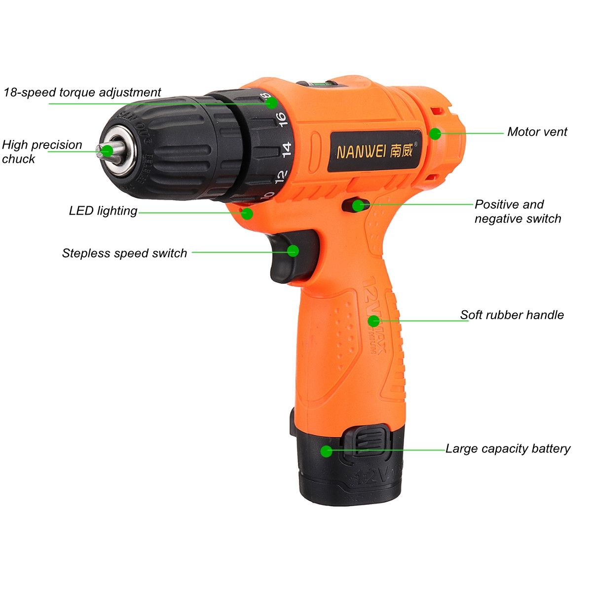 12V-18-Torque-Electric-Cordless-Drill-LED-Lighting-Rechargable-12-Li-Ion-Battery-Single-Speed-Power--1411909