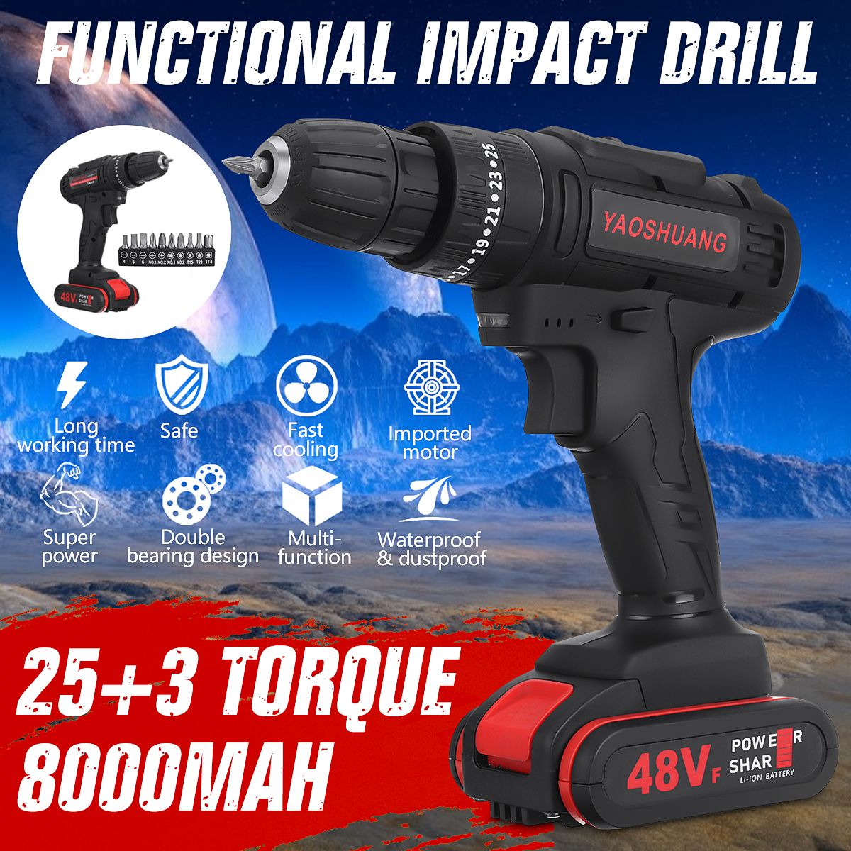 48V-38quot-Cordless-Rechargeable-Electric-Impact-Hammer-Screwdriver-Drill-with-1-Battery-1632693