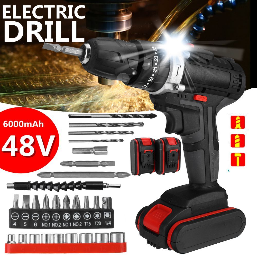 6000mAh-48V-Electric-Drill-25-Speeds-Torque-Impact-Drill-W-12pcs-Battery-1767984