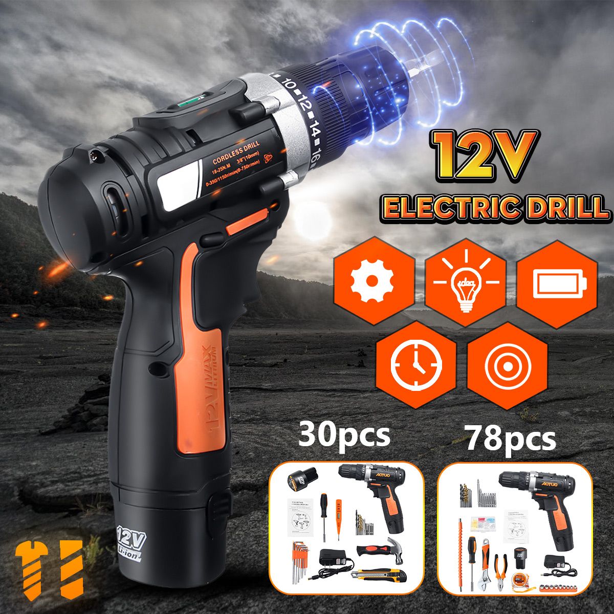 78pcs30pcs-12V-Cordless-Screwdriver-Tools-Kit-Electric-Drill-W-2pcs-Battery-1450643