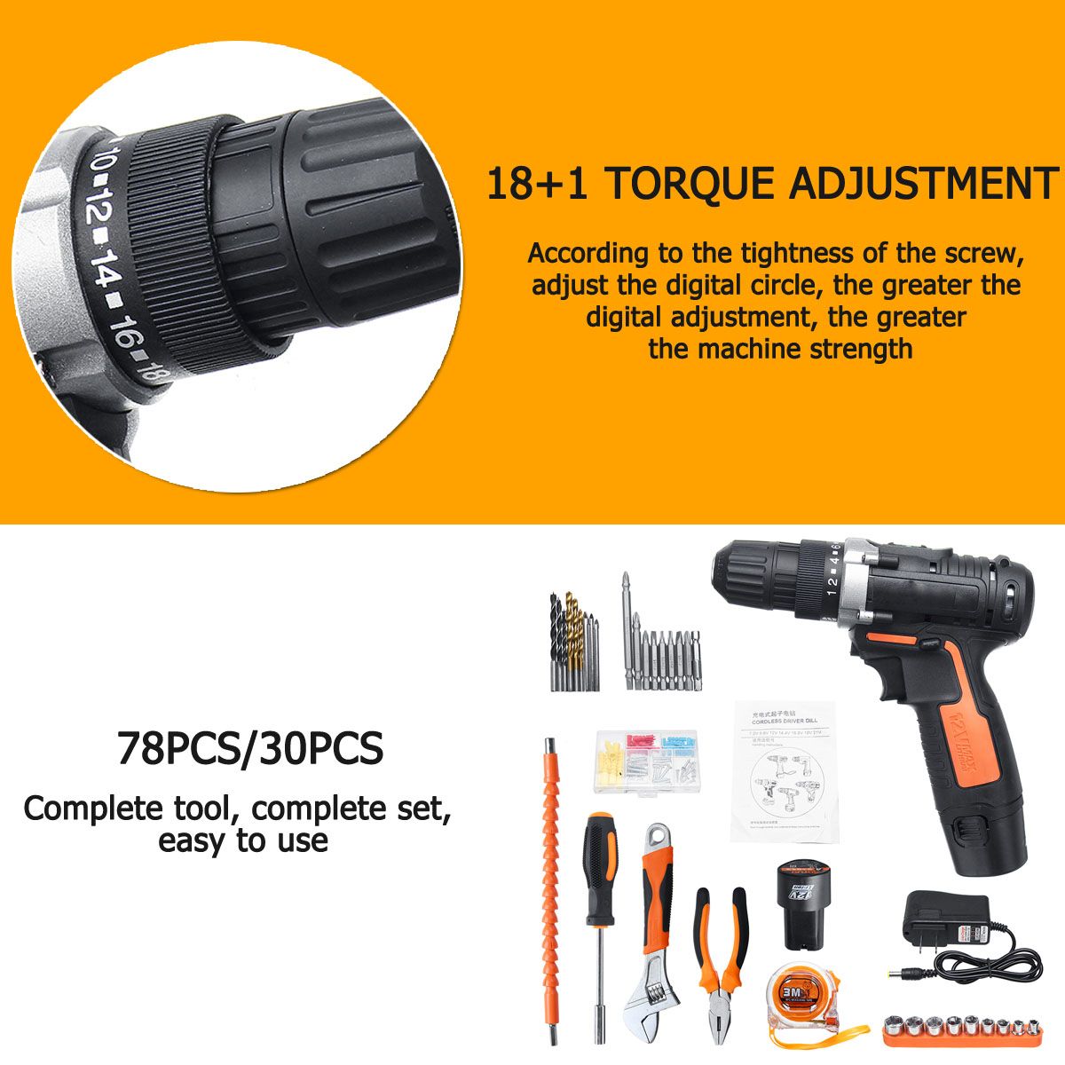 78pcs30pcs-12V-Cordless-Screwdriver-Tools-Kit-Electric-Drill-W-2pcs-Battery-1450643