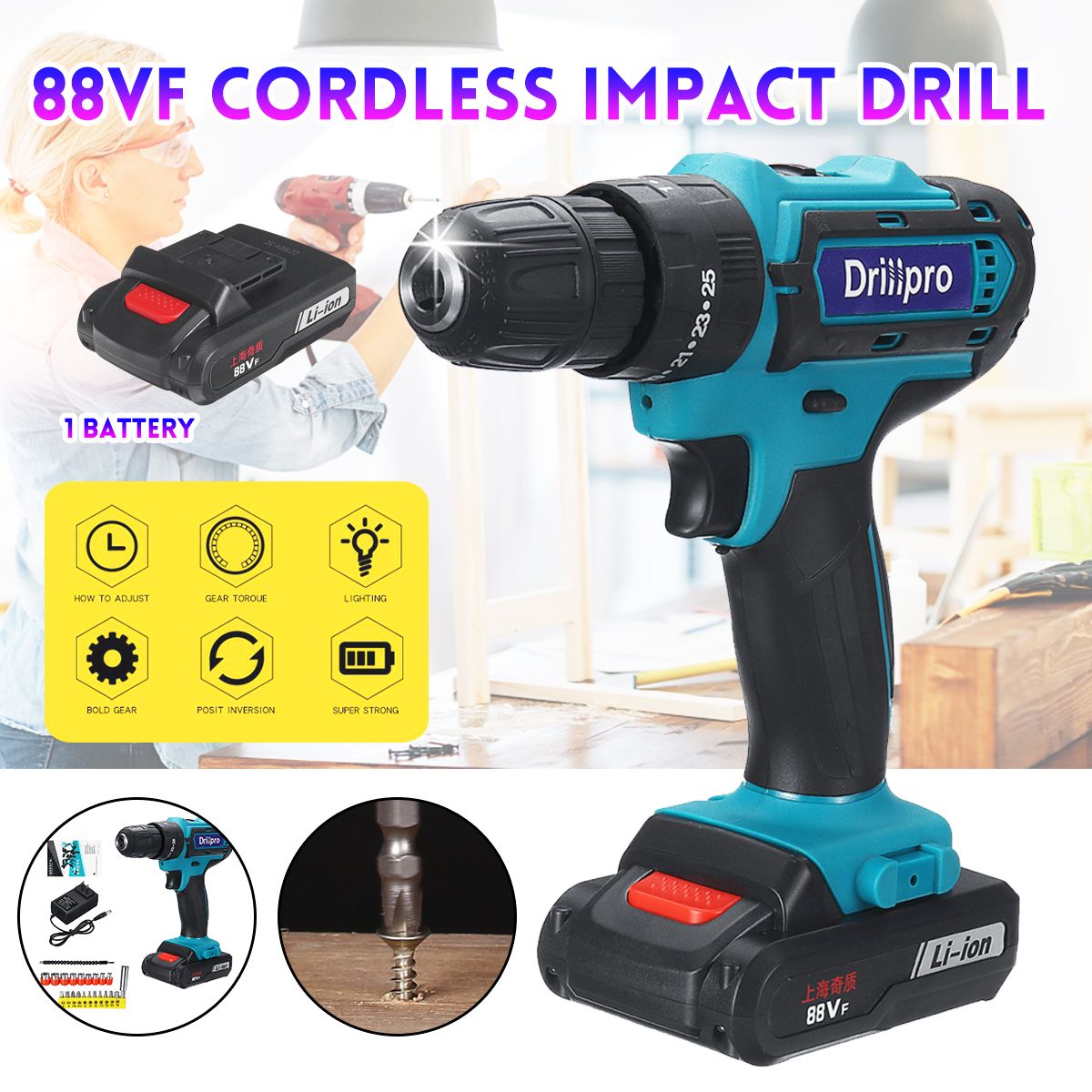 Drillpro-88VF-Cordless-Electric-Impact-Drill-Li-ion-Battery-Rechargeable-253-Torque-Screwdriver-Bit-1523062