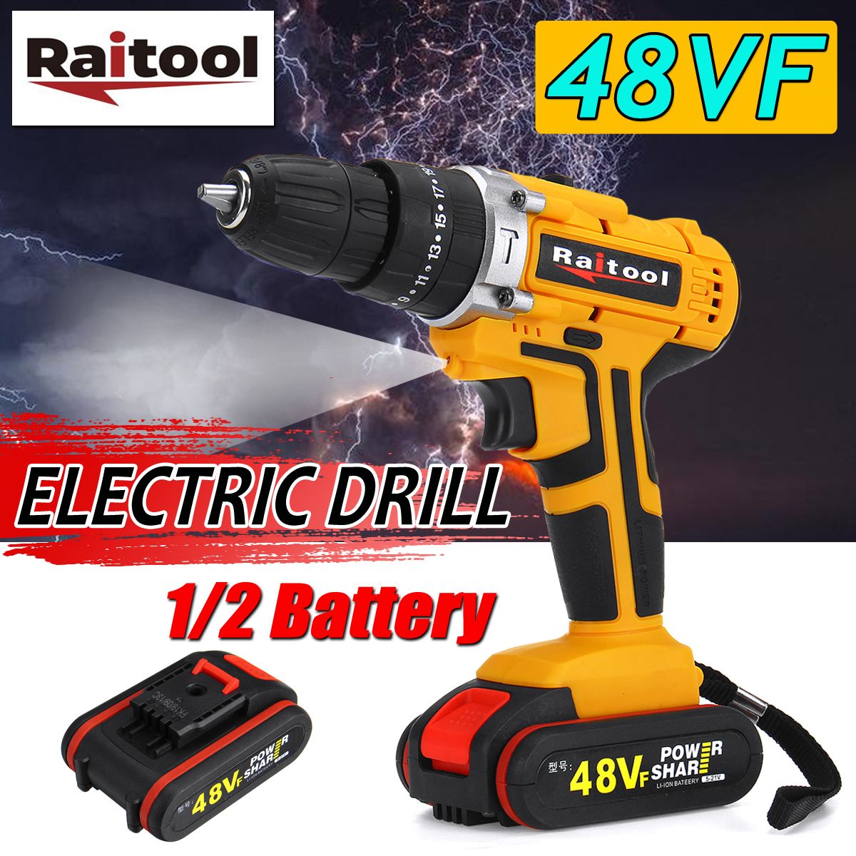 Raitool-48VF-Cordless-Electric-Impact-Drill-Rechargeable-38-inch-Drill-Screwdriver-W-1-or-2-Li-ion-B-1593335