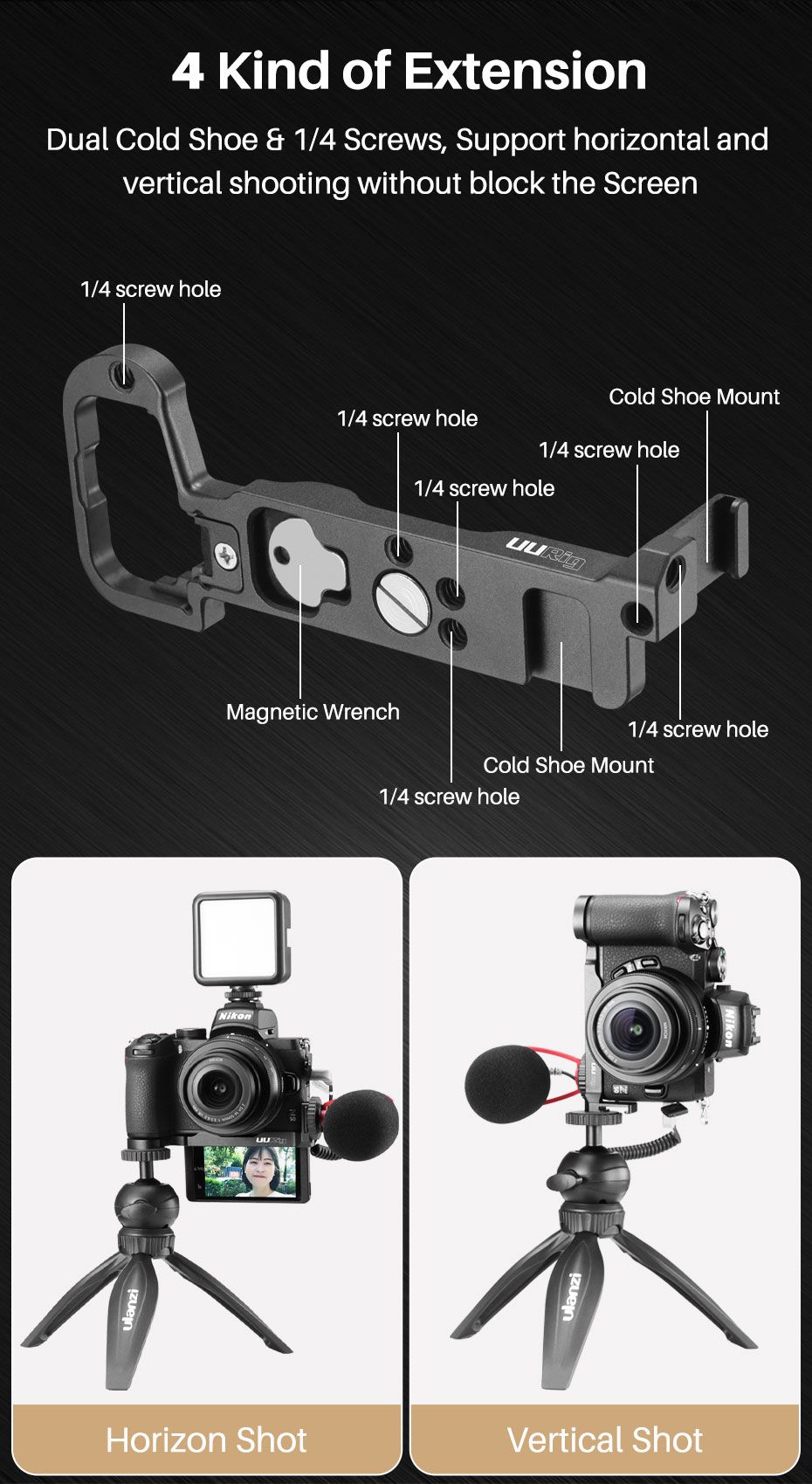 UURig-R039-Metal-Quick-Release-L-Plate-L-Shaped-Bracket-for-Nikon-Z50-Extend-Dual-Clod-Shoe-14-Screw-1749560