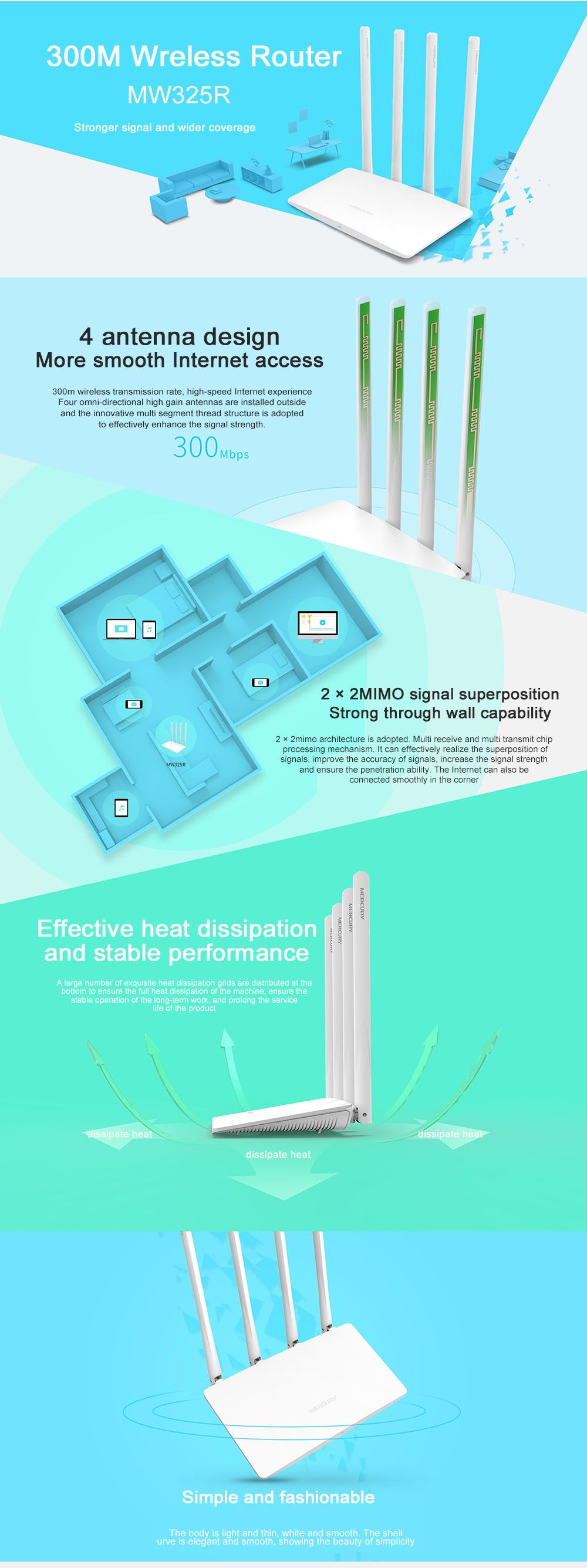 Mercury-300M-Wireless-Router-4-Antenna-4-Ports-Mobile-Broadband-Router-Through-The-Wall-King-Home-Sm-1765233