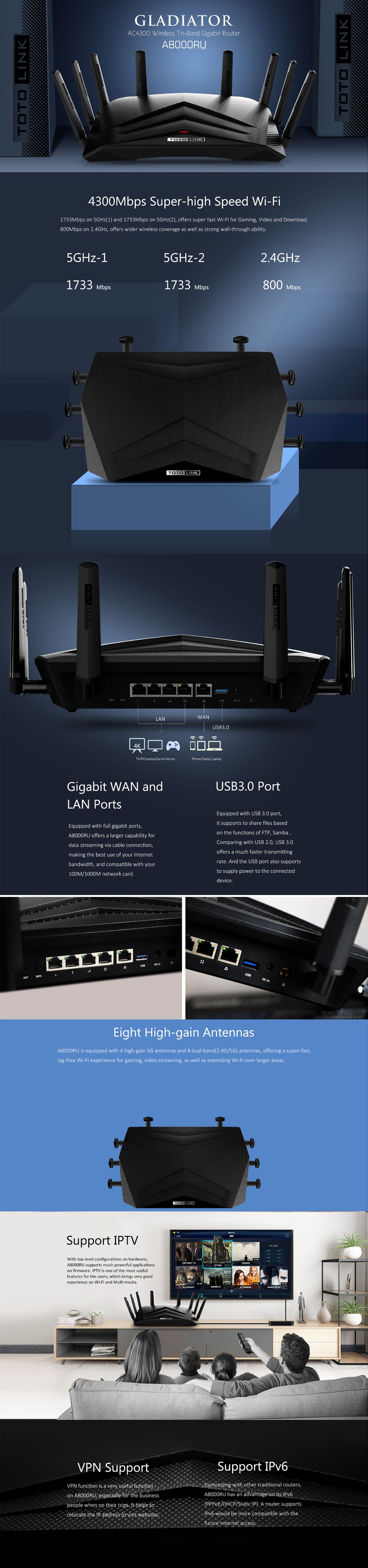 TOTOLINK-GLADIATOR-AC4300-Wireless-Tri-Band-Gigabit-Router-A8000RU-with-USB30-Port-Support-IPTV-VPN--1715811