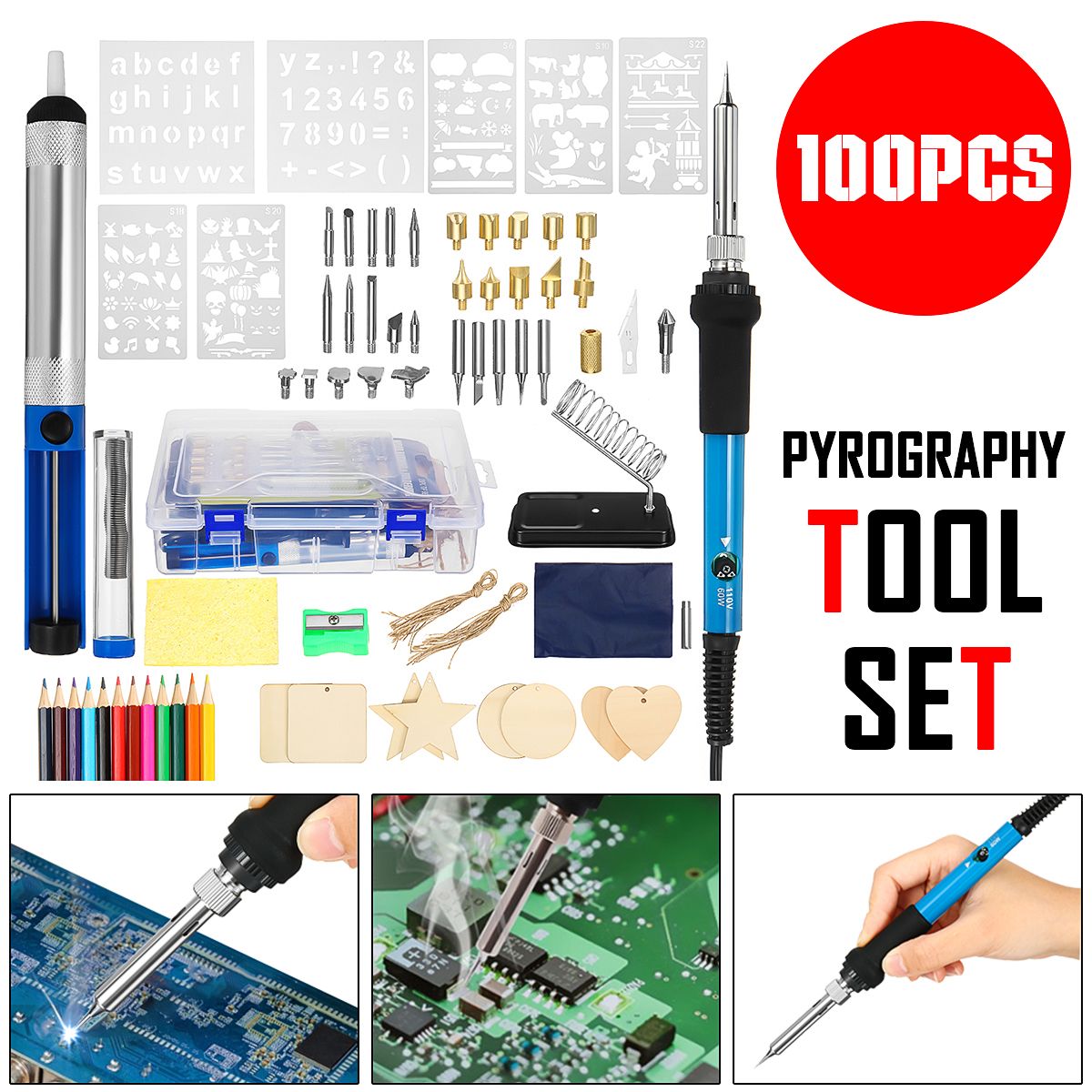 100Pcs-Adjustable-Temperature-Soldering-Iron-Kit-Pyrography-Tool-Wood-Burning-Pen-1718568