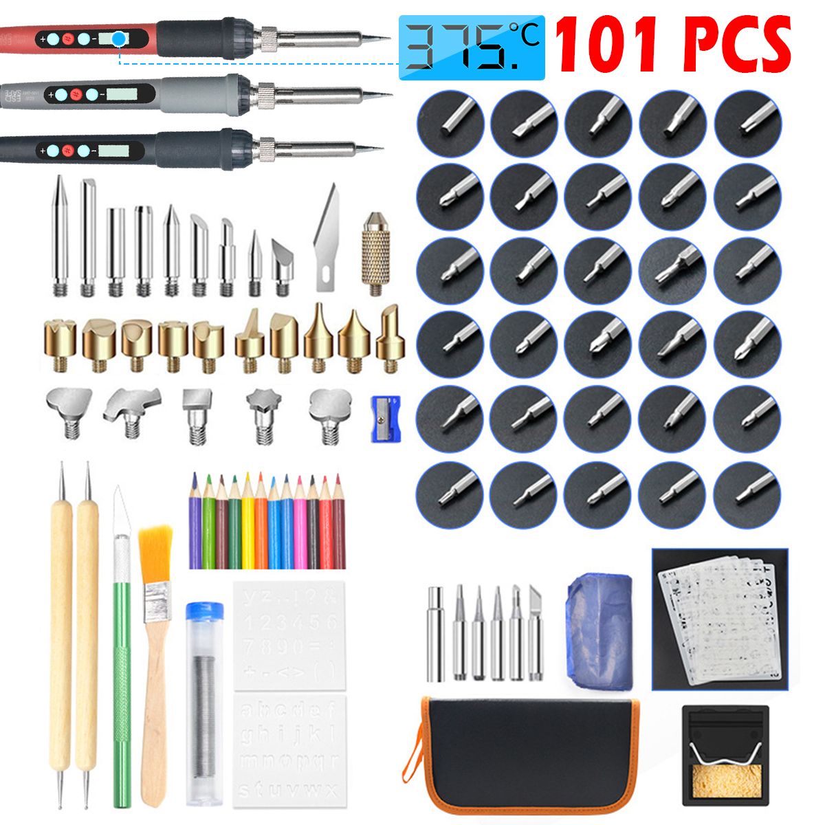 101PCS-60W-Wood-Burning-Woodwork-Pen-Set-Electric-Solder-Iron-Burner-Kit-LCD-1647509