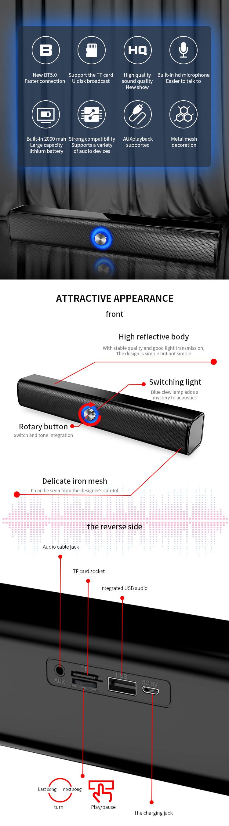 Bakeey-BT167-bluetooth-Speaker-bluetooth-Soundbar-20W-Home-Theater-TF-Card-USB-AUX-2000mAh-Wireless--1695779