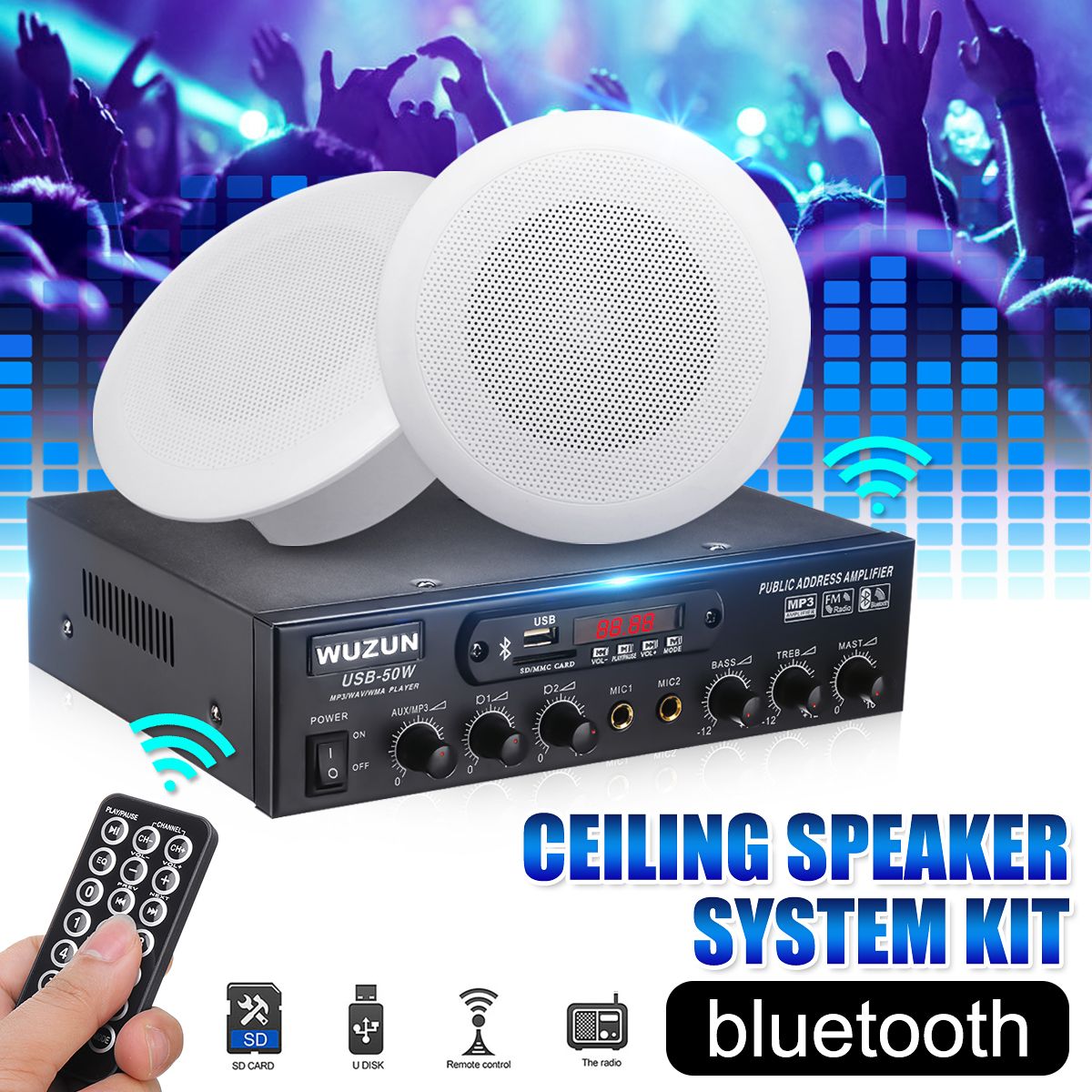 Dual-Microphone-Input-Remote-Control-One-for-Two-bluetooth-Amplifier-with-Ceiling-Speaker-Set-1636292