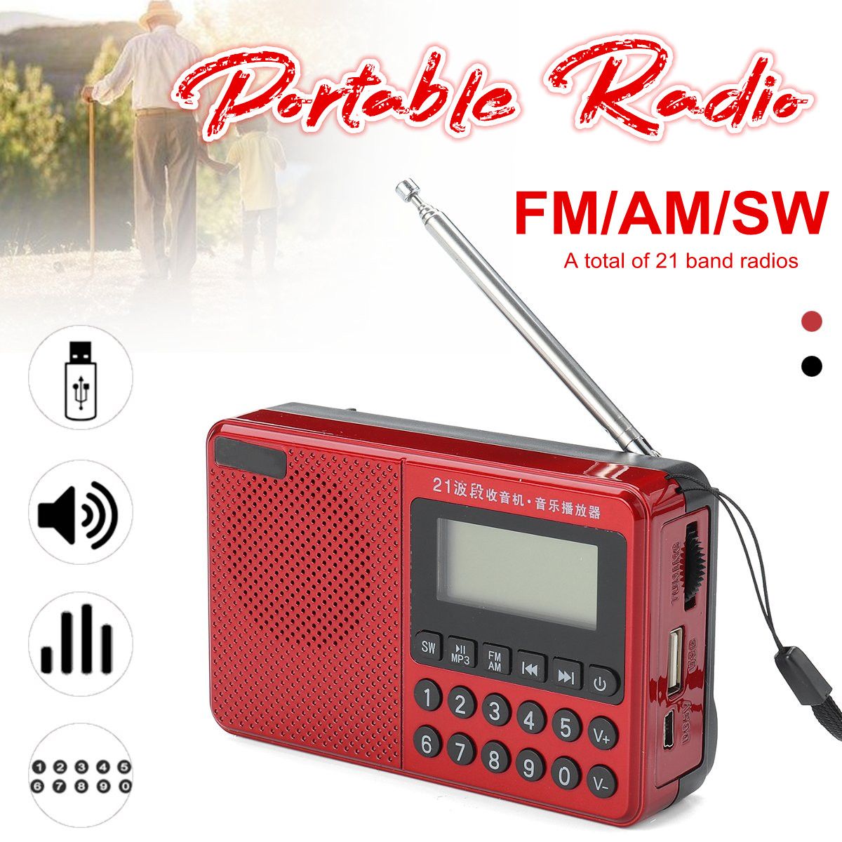 Portable-FM-AM-SW-21-Bands-DSP-Digital-Radio-USB-TF-Card-MP3-Music-Player-Speaker-With-Telescopic-An-1688399