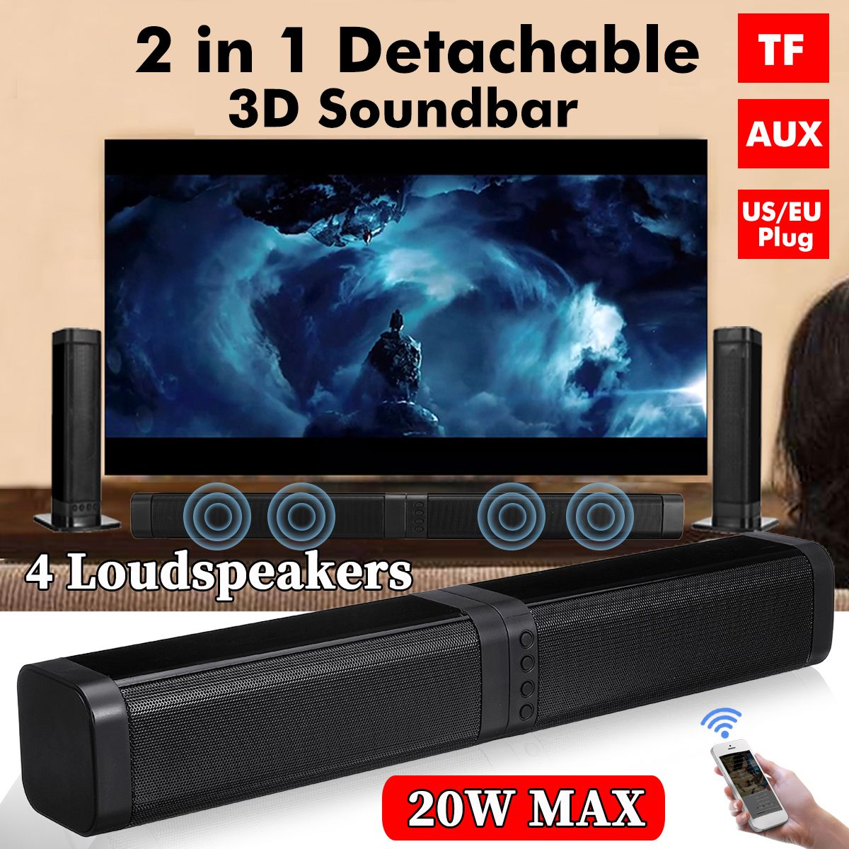 US-Plug-2-in-1-Detachable-bluetooth-50-Speaker-Bass-HiFi-Wireless-20W-Soundbar-With-Mic-1569934
