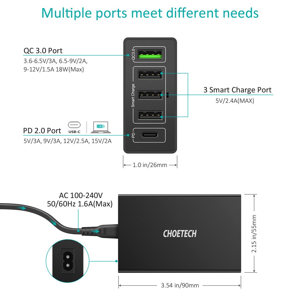 CHOETECH-60W-Multi-Port-USB-QC30-Quick-Charger-Power-Adapter-for-Smartphone-Tablet-Laptop-1630122