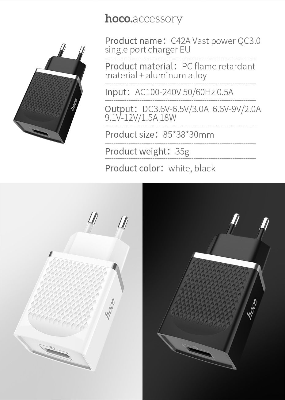 HOCO-C42A-EU-Plug-USB-Port-QC-30-Charger-Power-Adapter-for-Tablet-Smartphone-1562428