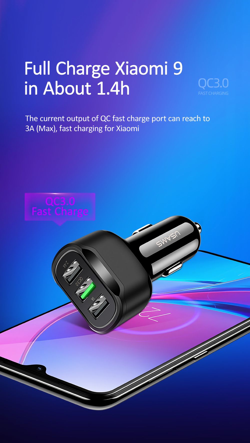 USAMS-US-CC100-1-C17-5V-24A-5V-1A-QC30-3-USB-Port-Car-Charger-for-Tablet-Smartphone-1705552