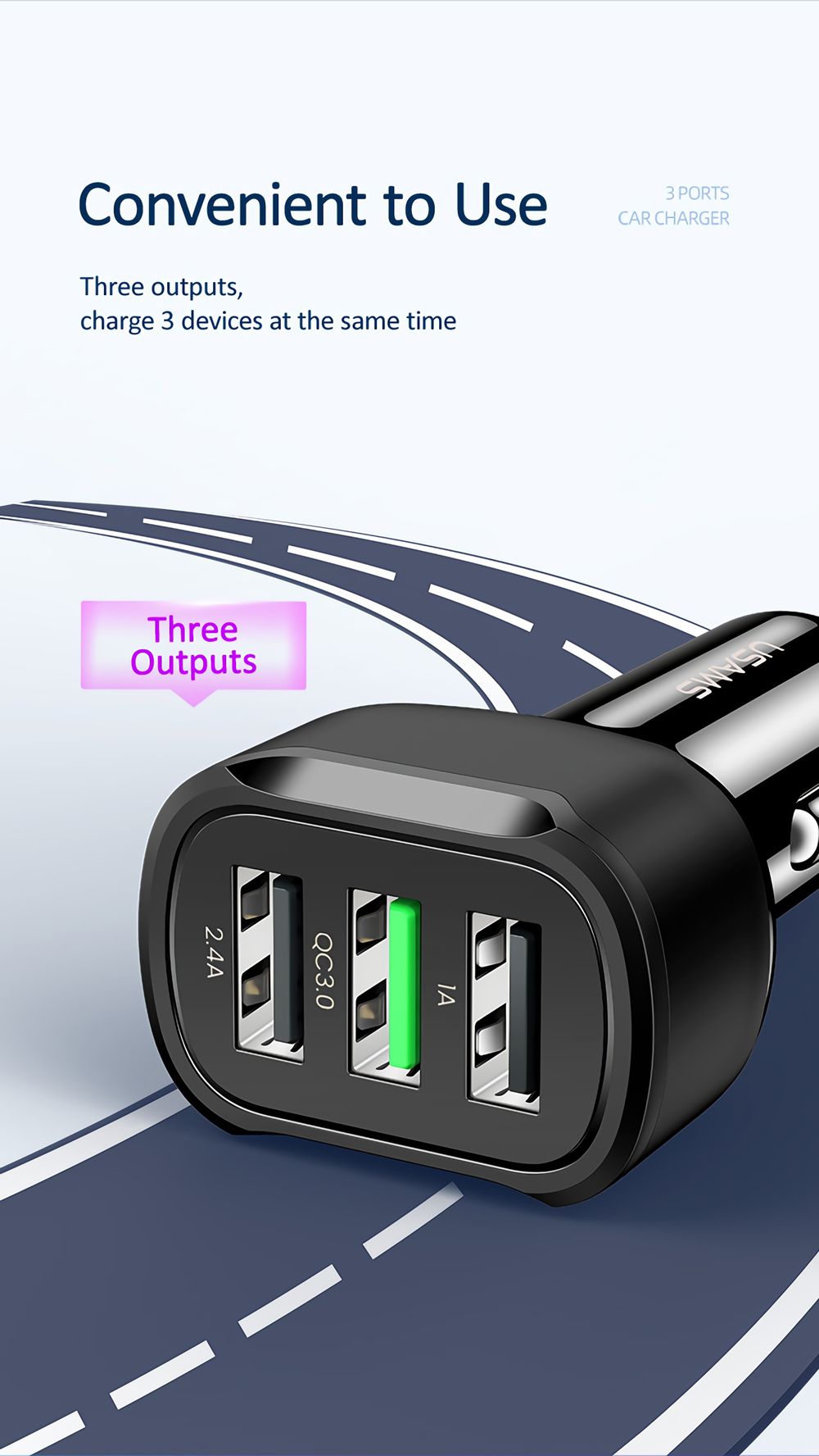 USAMS-US-CC100-1-C17-5V-24A-5V-1A-QC30-3-USB-Port-Car-Charger-for-Tablet-Smartphone-1705552