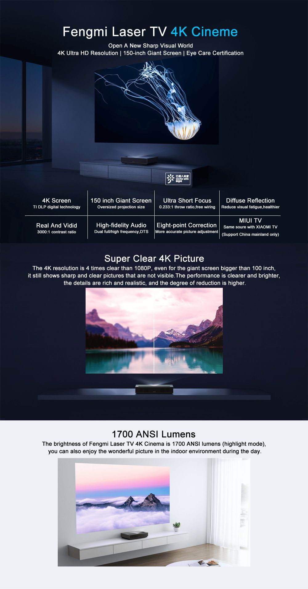 FENGMI-4K-Cinema-2000-ANSI-Lumens-2GB-DDR3-RAM-64GB-EMMC-ROM-bluetooth-40-MIUI-Laser-Smart-4K-TV-Whi-1602573