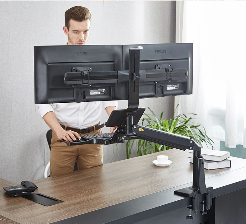 NB-MC55-2A-Dual-Wall-Mount-22-27in-Ergonomic-Sit-Stand-Workstation-Monitor-Holder-with-Foldable-Keyb-1730044