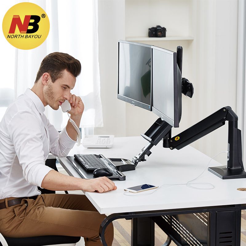 NB-MC55-2A-Dual-Wall-Mount-22-27in-Ergonomic-Sit-Stand-Workstation-Monitor-Holder-with-Foldable-Keyb-1730044