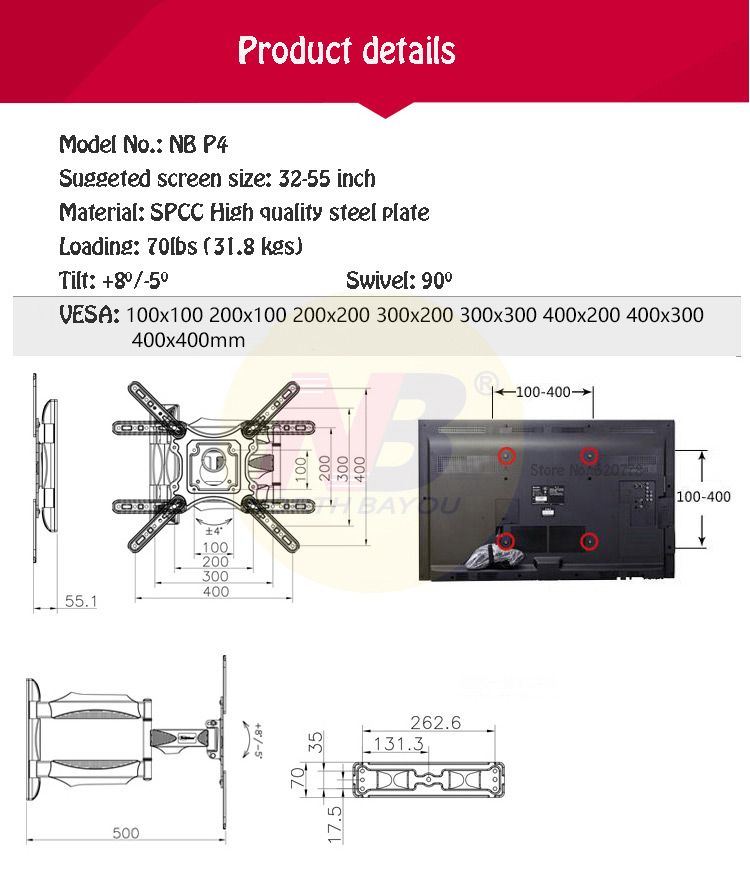 NB-P4-Flat-Panel-LED-LCD-TV-Full-Motion-Wall-Mount-Monitor-Holder-Frame-Suggested-for-32-55-Inch-Fla-1707874