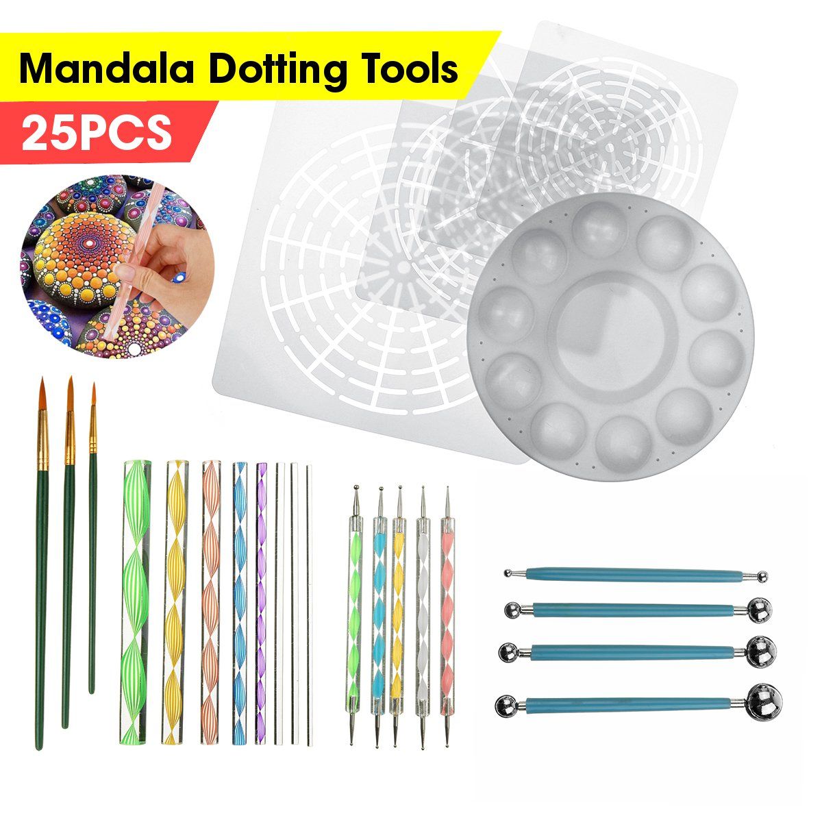 25pcs-Mandala-Dotting-Tools-Rock-Painting-Kit-Dot-Art-Rock-Pen-Paint-Stencil-1613975